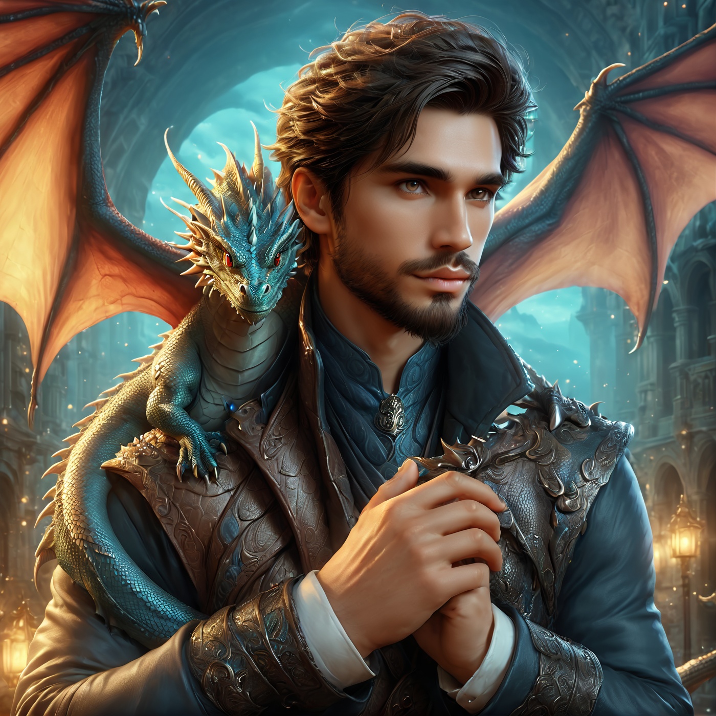 handsome rogueish man holding a ((tiny realistic dragon)) in his hand,  tiny dragon,  detailed scales on Tensor.Art
