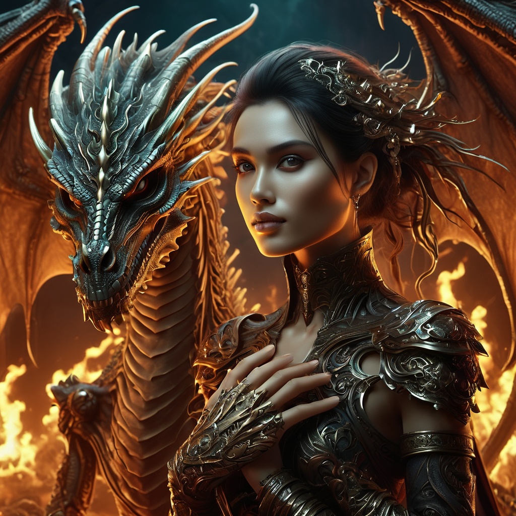 dark fantasy woman and a skeleton dragon,  digital illustration,  UHD on Tensor.Art