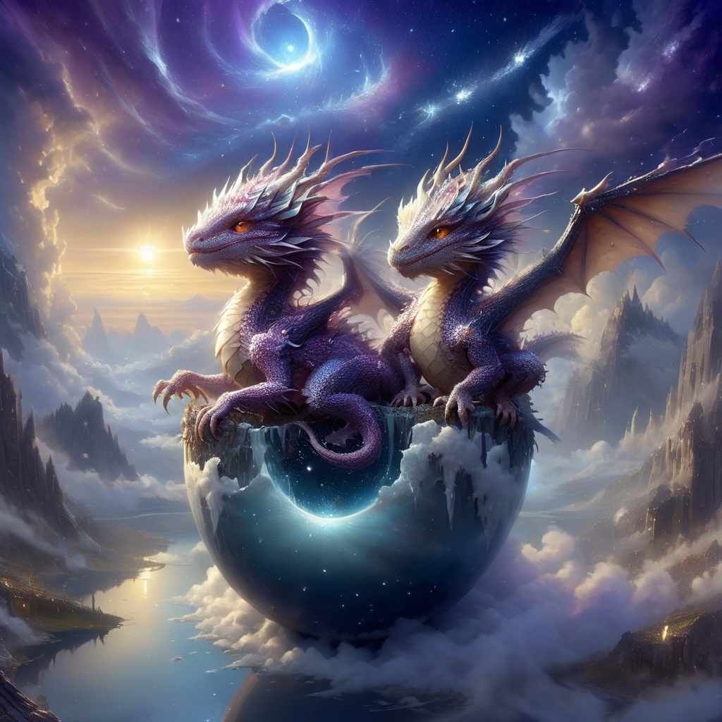 Cute just hatched baby dragon twins made of stardust,  still sitting in half an eggshell in a dragon nest,  young dragons...
