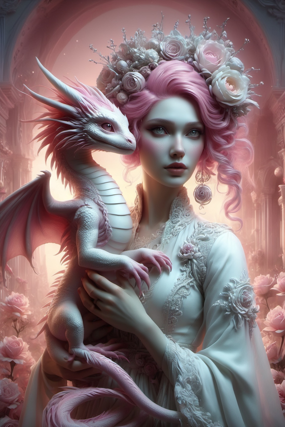 Porcelain woman with,  pink hair with braids,  lots of flowers on her head on Tensor.Art
