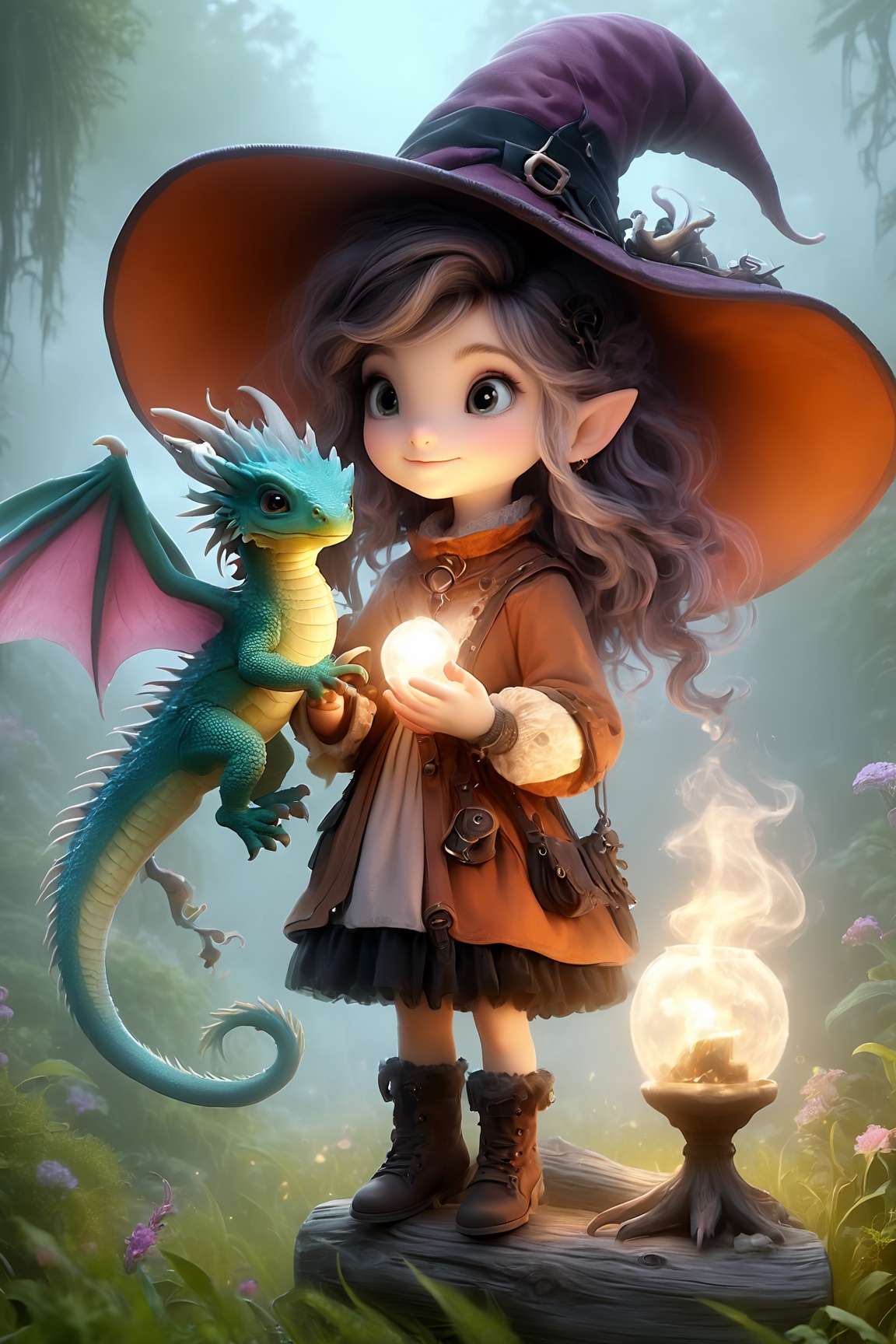 Witch,  Tiniest dragon familiar,  full body on Tensor.Art