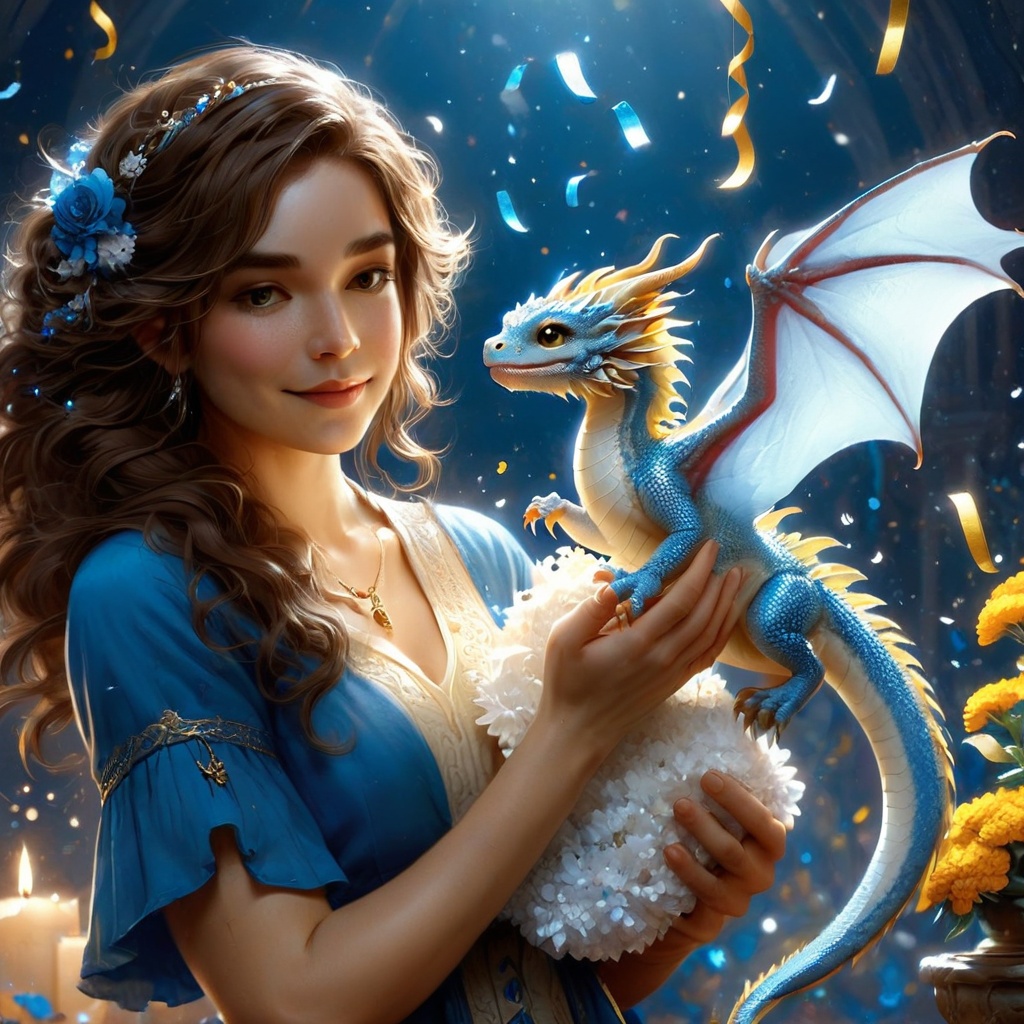 Woman with long wavy brown hair lovingly holding a white and blue scale baby dragon,  pet adoption,  confetti on Tensor.Art