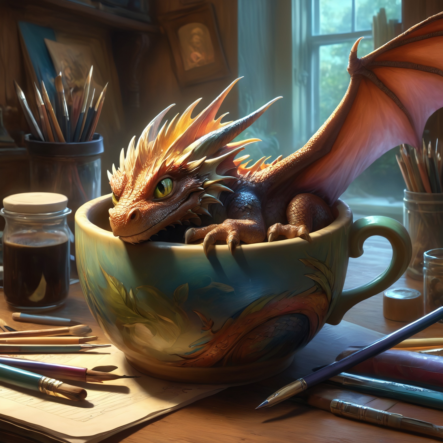 Masterpiece,  cute style,  "realistic tiny dragon" curled up sleeping inside a coffee mug on Tensor.Art