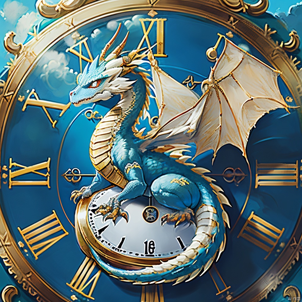clock,dragon,blue sky,cloud,cloudy sky,day,magic circle,no humans,roman numeral,sky