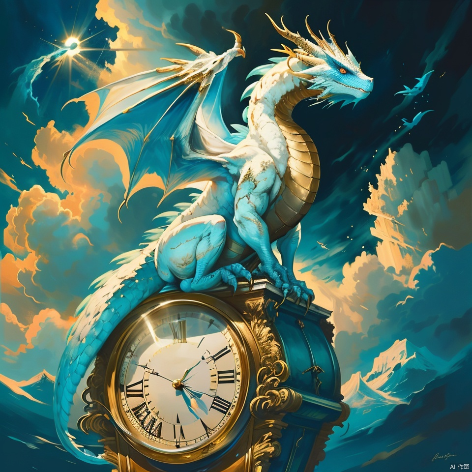 clock,dragon,above clouds,blue sky,cloud,cloudy sky,day,fantasy,flying,horizon,mountain,mountainous horizon,no humans,ocean,outdoors,scenery,sky,sunrise,sunset,tower,twilight,wings