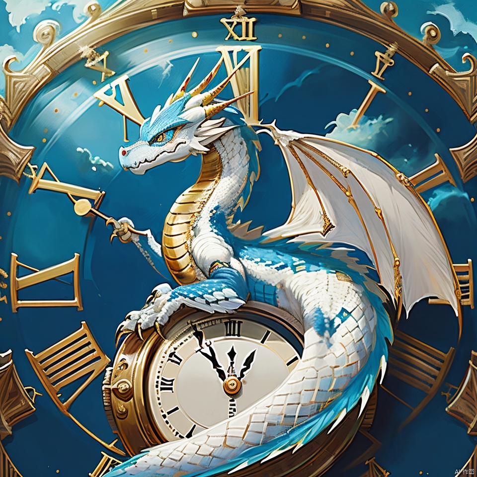 clock,dragon,blue sky,cloud,cloudy sky,day,magic circle,no humans,roman numeral,sky
