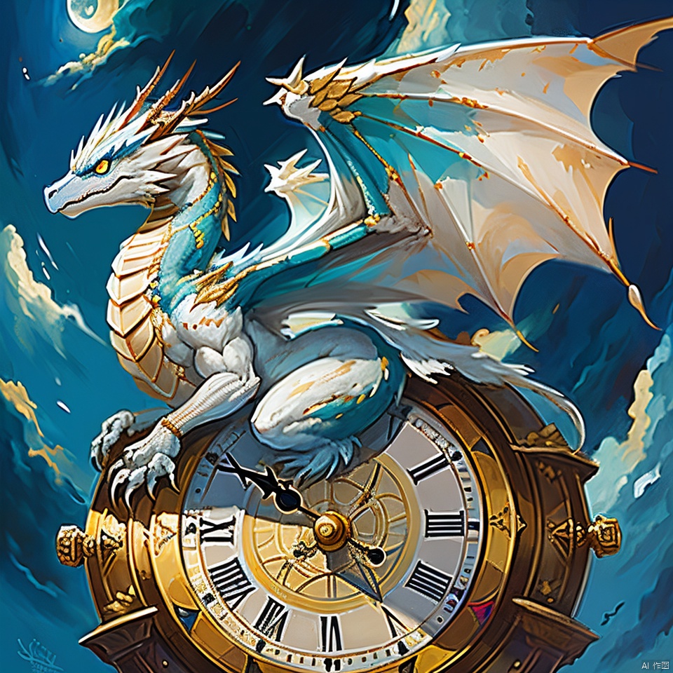 clock,dragon,airship,analog clock,angel wings,arch,architecture,blue sky,church,clock tower,cloud,cloudy sky,day,fantasy,feathered wings,gate,gears,magic circle,mountain,no humans,outdoors,roman numeral,runes,scenery,ship,sky,statue,tower,watercraft,white wings,wings
