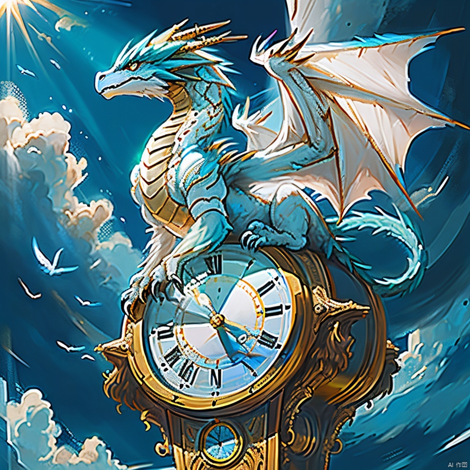 clock,dragon,above clouds,angel,angel wings,blue sky,cloud,cloudy sky,day,feathered wings,horizon,magic circle,mountain,no humans,ocean,outdoors,scenery,sky,sunlight,tower,white wings,wings