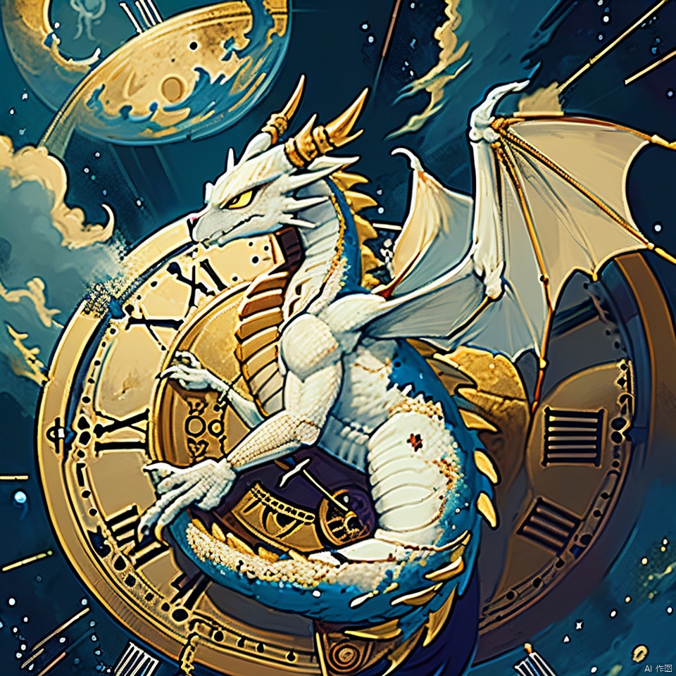 clock,dragon,clock tower,cloud,constellation,crescent,crescent moon,gears,magic circle,moon,night,night sky,no humans,planet,roman numeral,ship,shooting star,sky,space,star \(sky\),starry sky,sun symbol,tower