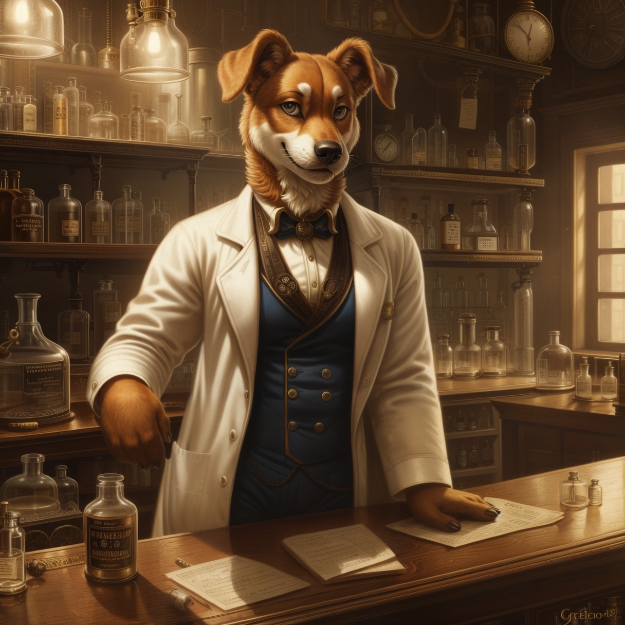 close-up portrait,  dog wearing lab coat in a 19th century pharmacy shop interior,  steampunk art on Tensor.Art