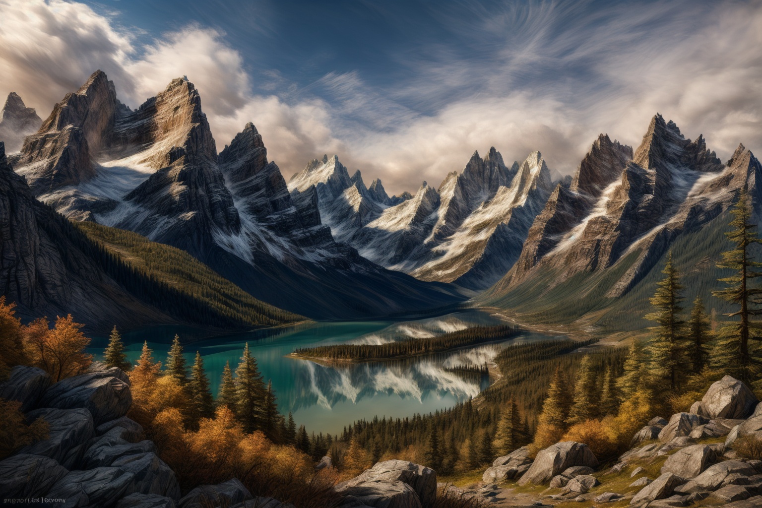 a beautiful and detailed picture of a mountain forest landscape with a river,  no-people,  zero-pictured on Tensor.Art
