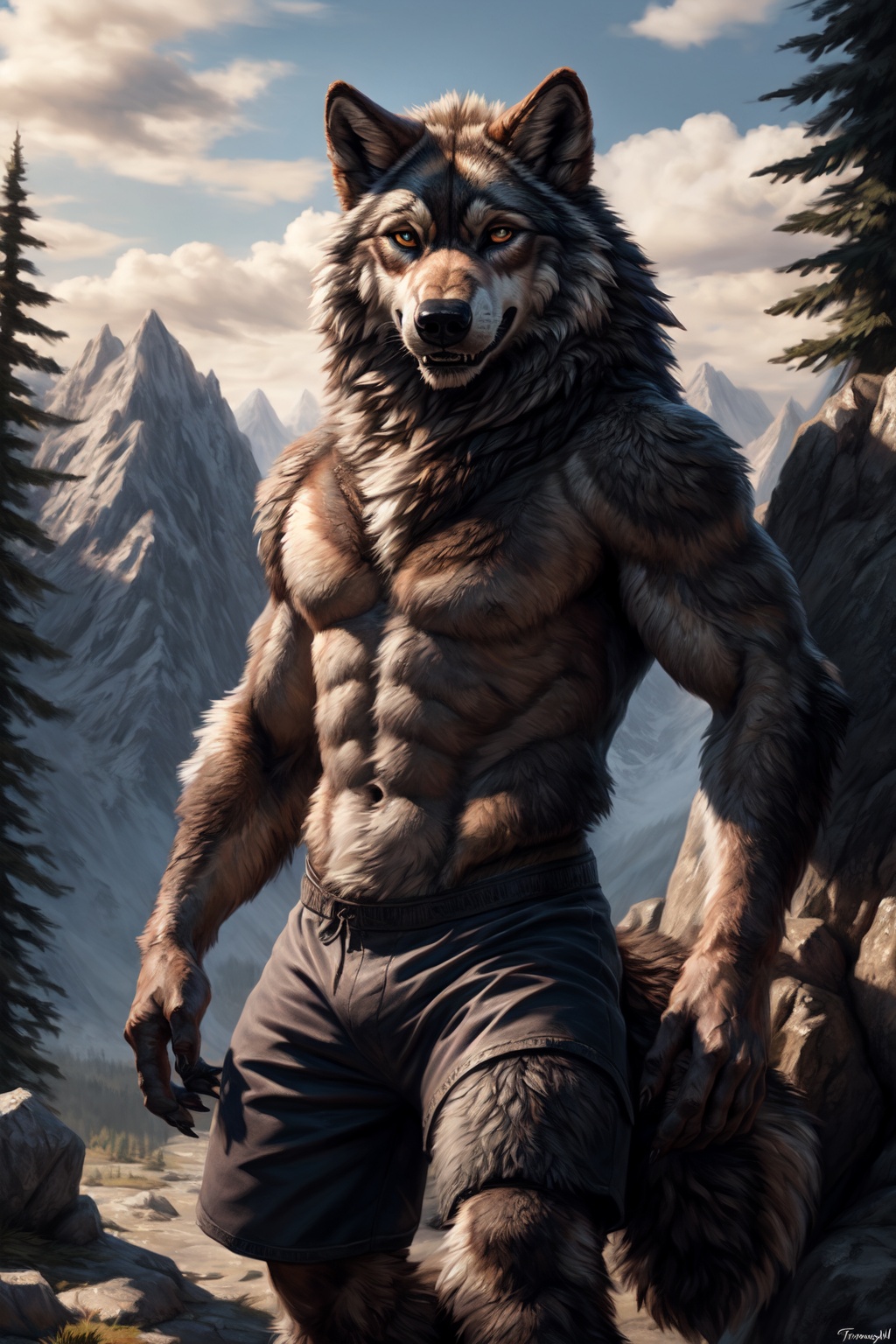 a detailed portrait of a majestic fluffy male ((timberwolf)),  ((fluffy detailed fur)) ,  shorts on Tensor.Art