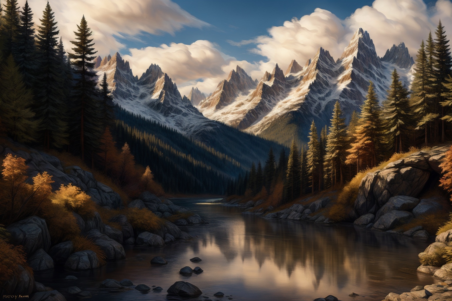 a beautiful and detailed picture of a mountain forest landscape with a river,  no-people,  zero-pictured on Tensor.Art