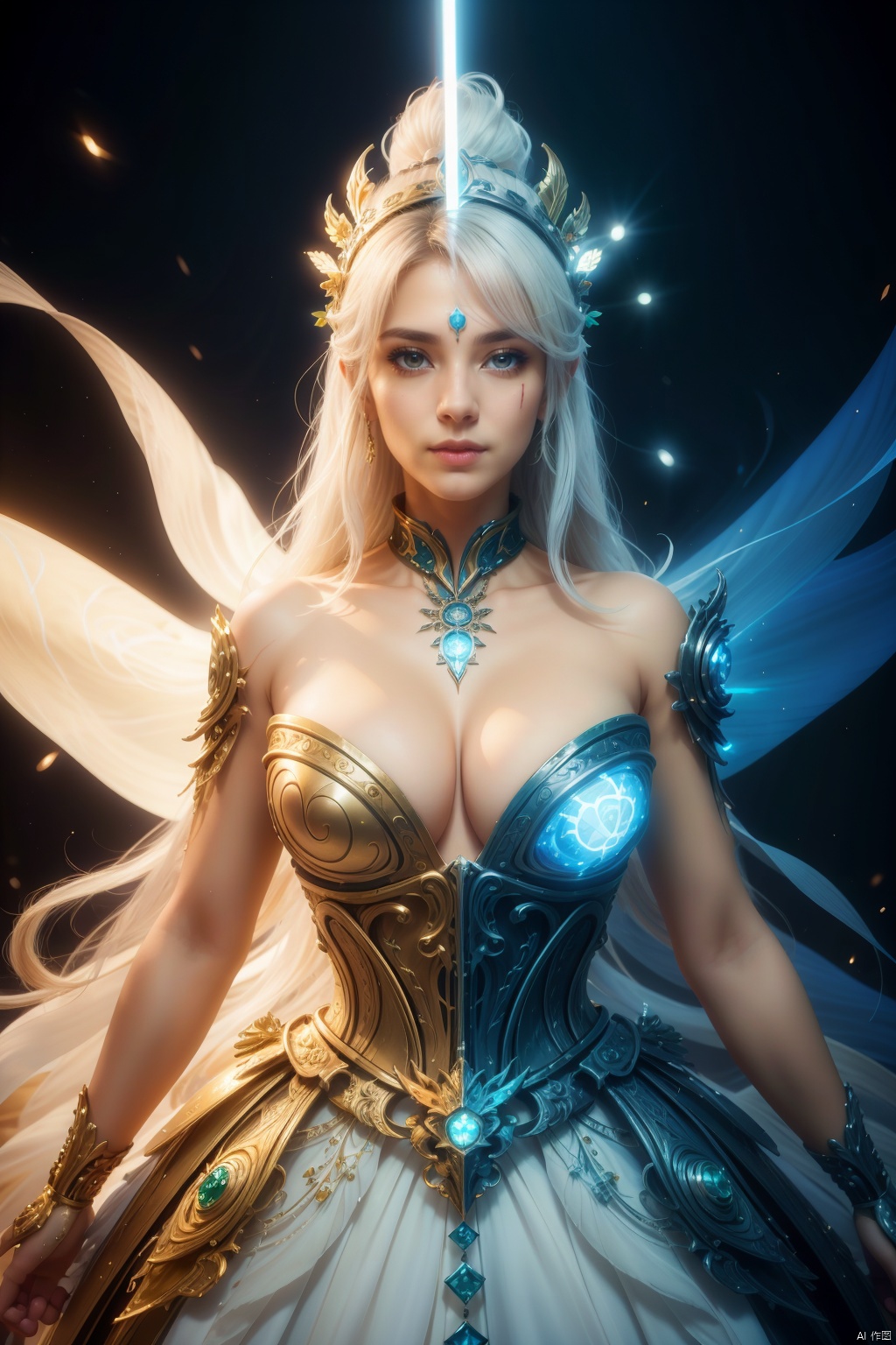 (1girl), light and shadow, wabstyle, glowing, white hair, long hair, wind, two-tone body, two-tone hair, (put nothing on:1.8),cleavage, shine tatoo, upper body, (photorealistic:1.4), flash, cinematic angle, mysterious, magical, obsidain, backlighting, fluctuation, 8k, photo, red, translucent, X-ray, goddess, (chakra:1.2),dress, glowing body, elegant, ntricate details, highly detailed,cinematic, dimmed colors, dark shot, muted colors, film grain, depth blur, blurry background dof, bokeh, realistic, realistic skin, Newspaper wall, huge filesize,newspaper, drakan_longdress_dragon crown_headdress, BY MOONCRYPTOWOW