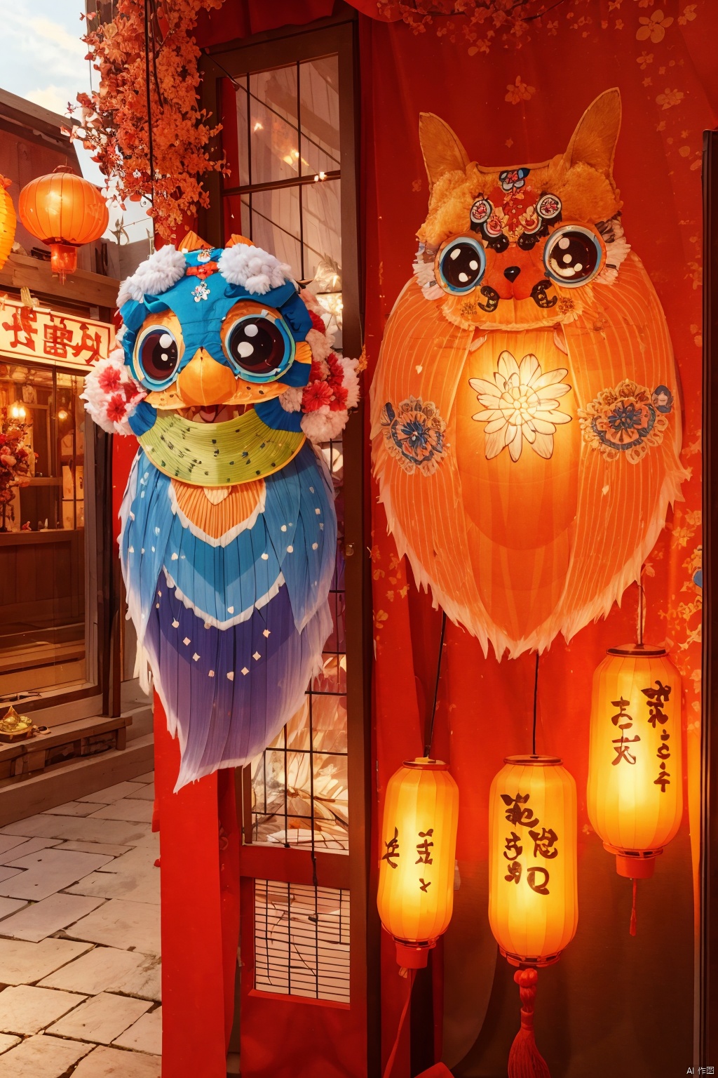  couplet, lantern,( bird BREAK animal lantern）,no humans, Festival atmosphere