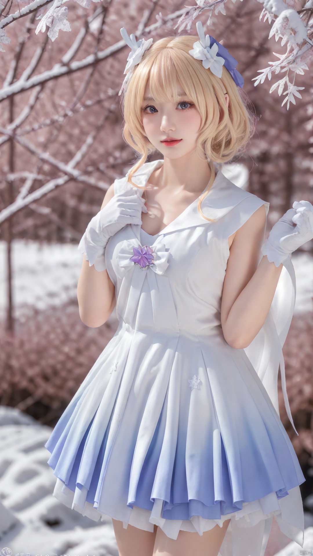 1girl,,head ornament,,,,,,,,ray tracing,{best quality}, {{masterpiece}}, {highres}, original, extremely detailed 8K wallpaper, {an extremely delicate and beautiful},,incredibly_absurdres,colorful,intricate detail,,,,,,,,snowy day,,,,,,snowflakes,falling_snow,snowing,(shawl:1.2),(white shawl:1.2),cleavage, ,,,cosplay,magical girl,chest decoration,,,,,,,,,a girl,dress, a girl