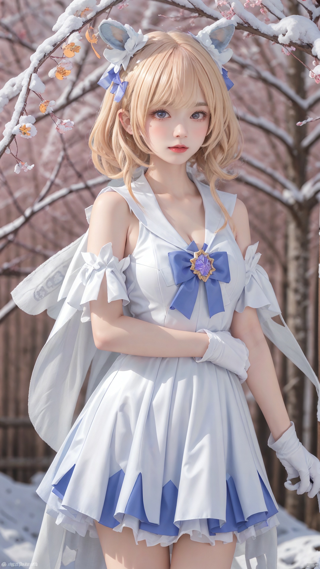 1girl,,head ornament,,,,,,,,ray tracing,{best quality}, {{masterpiece}}, {highres}, original, extremely detailed 8K wallpaper, {an extremely delicate and beautiful},,incredibly_absurdres,colorful,intricate detail,,,,,,,,,,,,,,snowflakes,falling_snow,snowing,(shawl:1.2),(white shawl:1.2),cleavage, ,,,cosplay,magical girl,chest decoration,,,,,,,,,a girl,dress, a girl