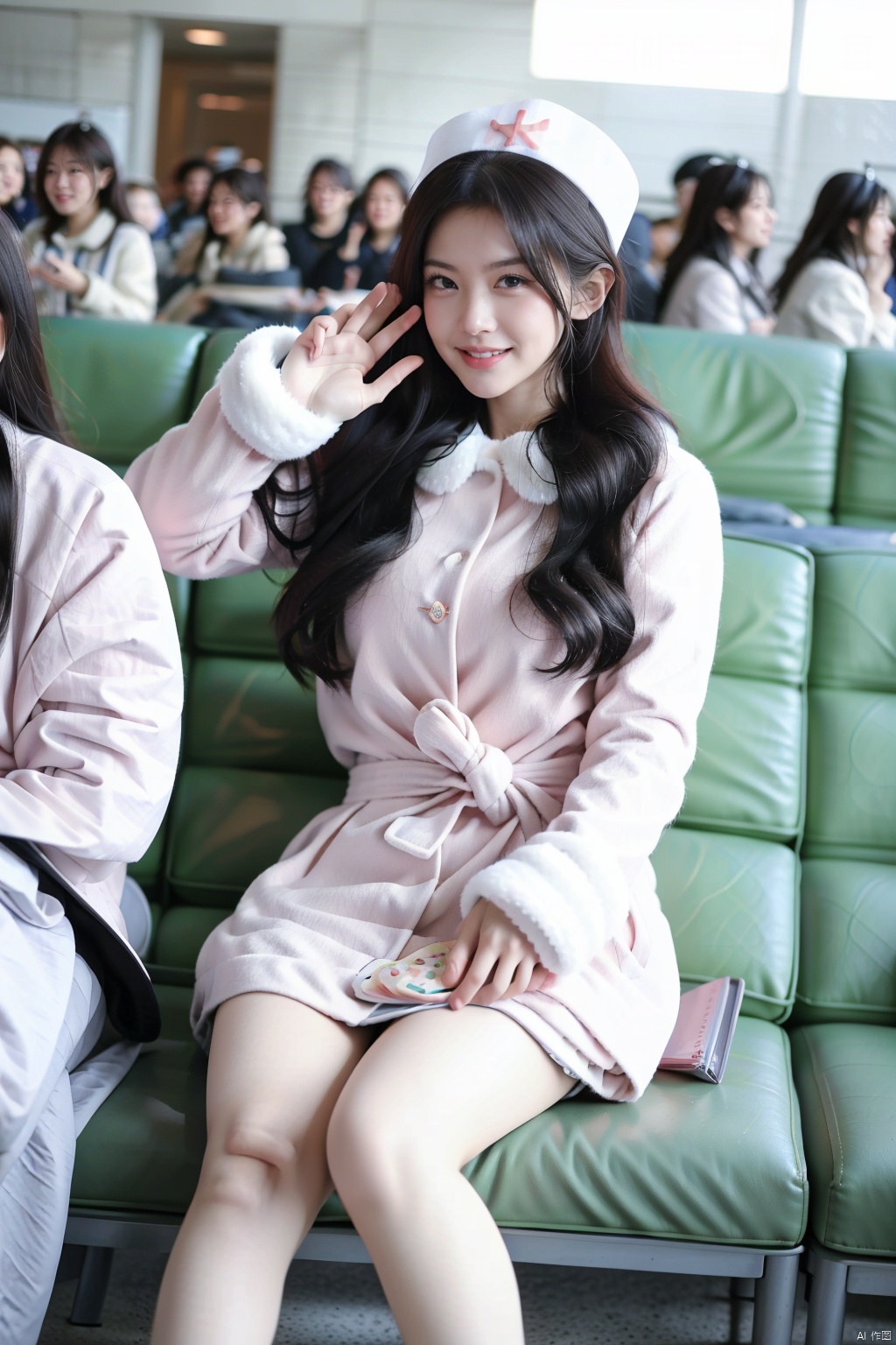 (8k, RAW photo, best quality, masterpiece:1.2), (realistic, photo-realistic:1.37),long shot,1girl,smiling,ulzzang-6500-v1.1, wearing AIRASIA UNIFORM with high heels and D20,cute, at busy airport lounge, professional lighting, photon mapping, radiosity, physically-based rendering, , nurse