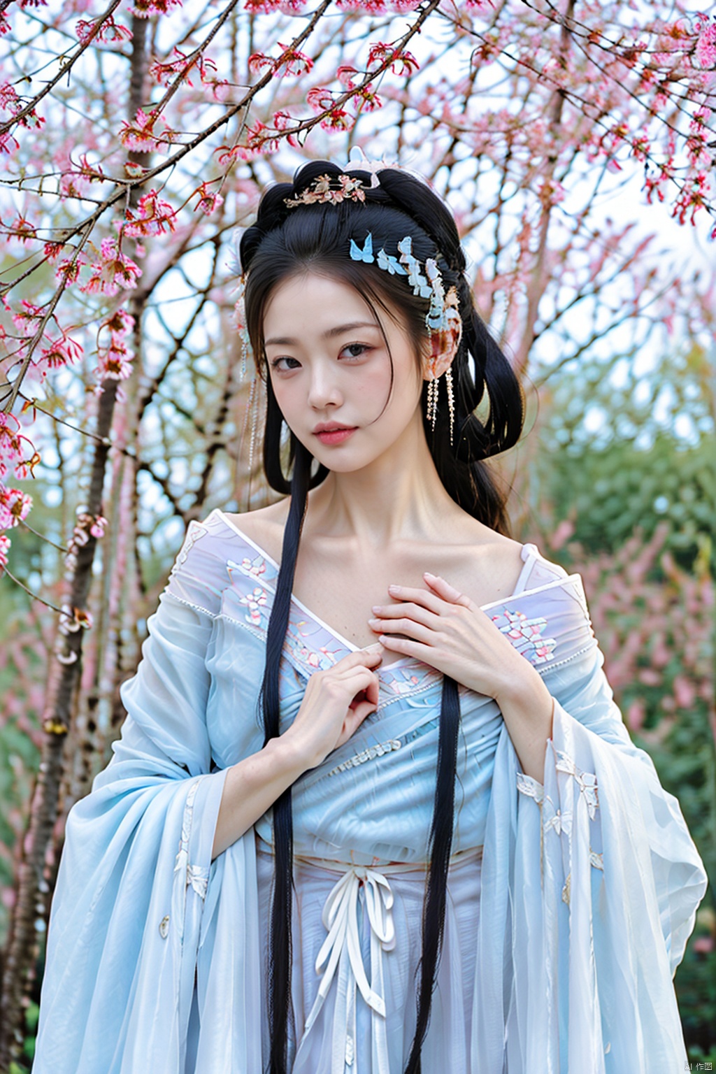 (masterpiece,best quality:1.5), ultra realistic,1girl, long hair, straight hair, portrait, mysterious forest, firefly, bokeh, mysterious, night, sky, cloud, hanfu