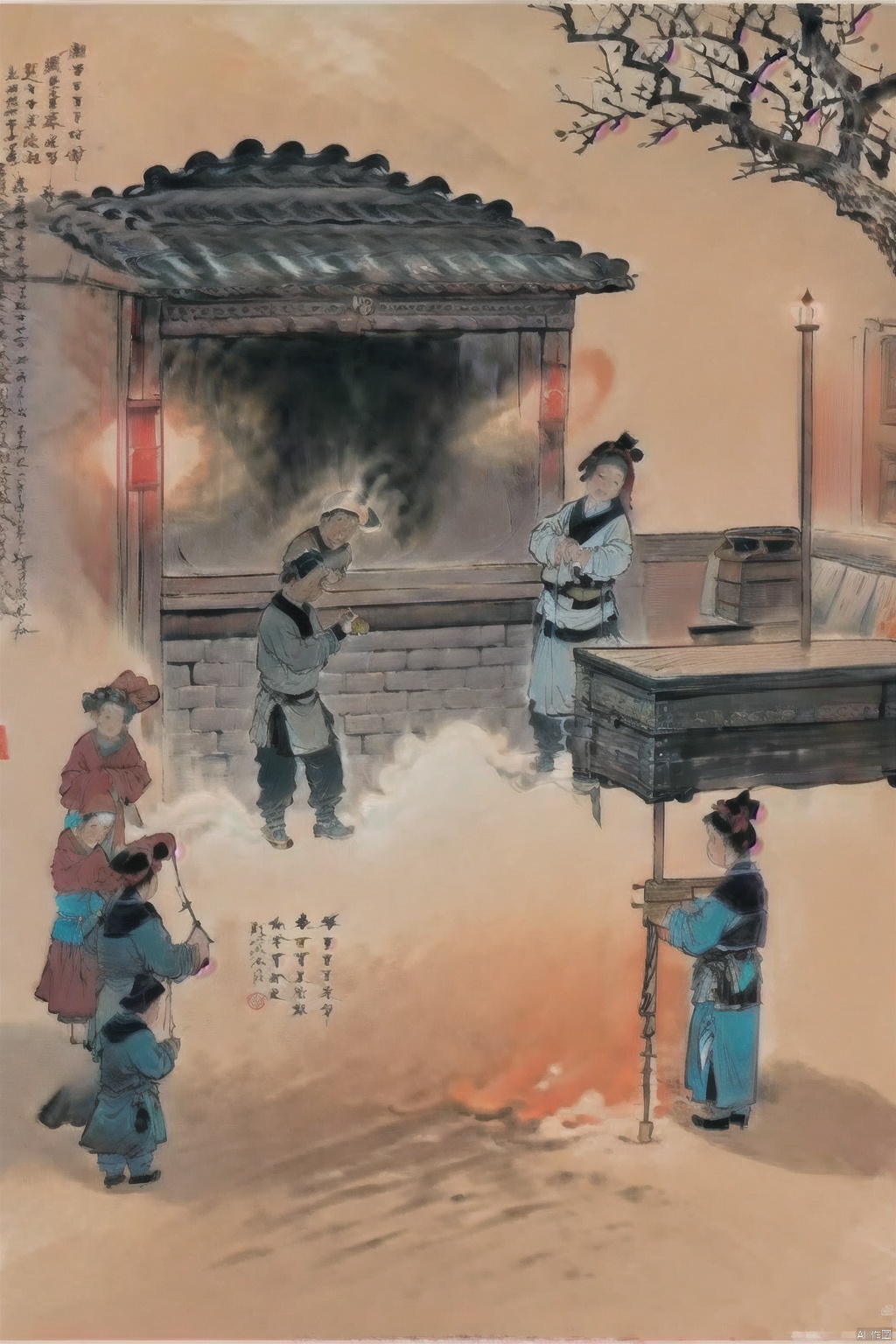  (best quality, masterpiece, ultra high resolution),depth of field,(day:1.2), (cinematic lighting:1.2), painting, portrait, new year, hut, Spring couplets, many children are playing