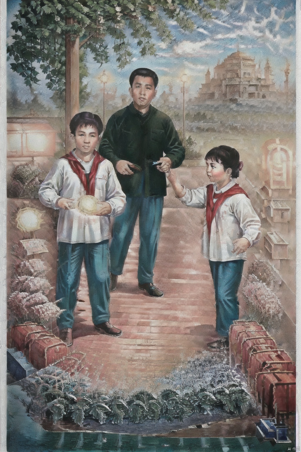  (best quality, masterpiece, ultra high resolution),depth of field,(day:1.2), (cinematic lighting:1.2), painting,boys are playing football, school