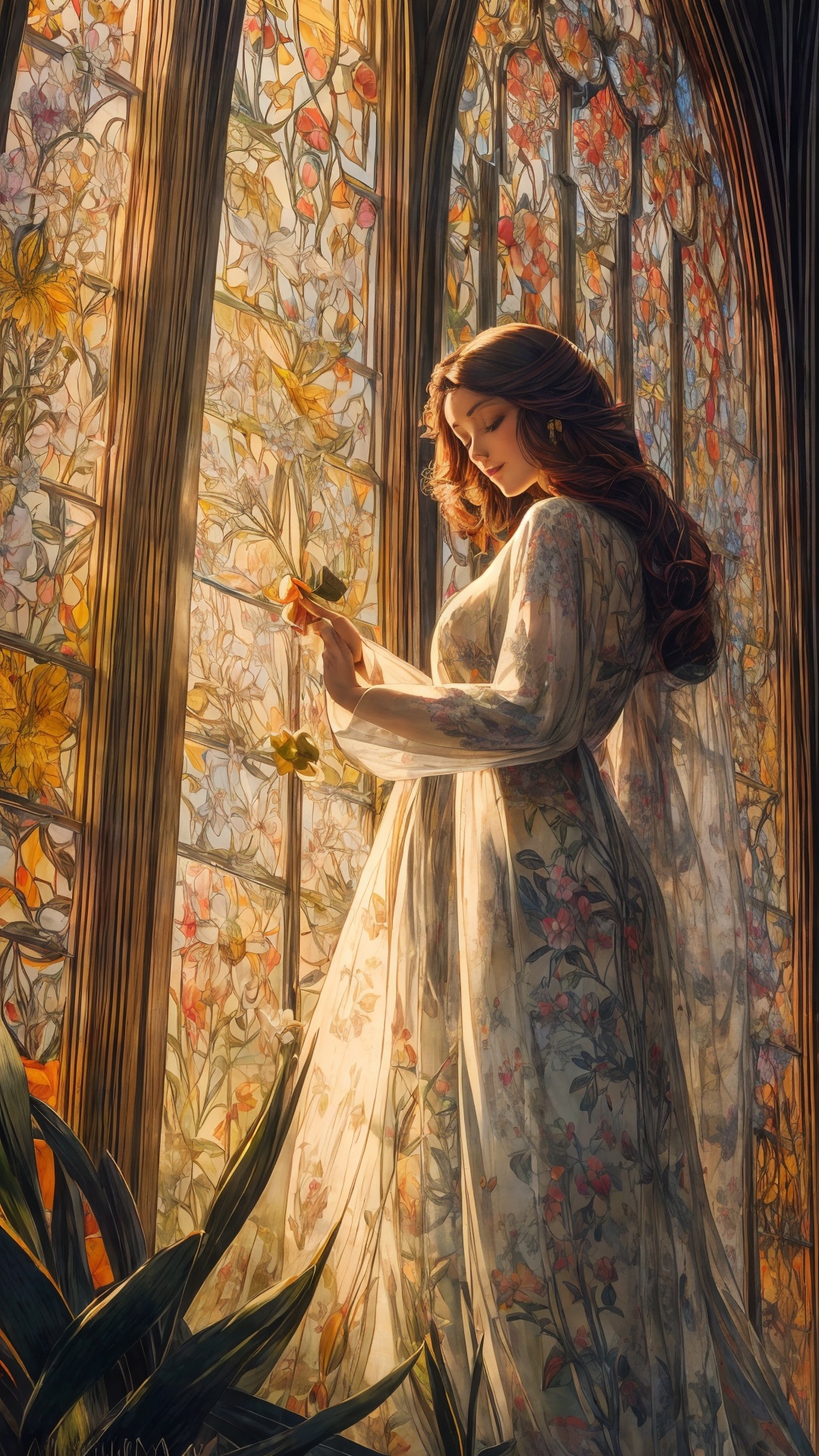 Sunlight streams through stained glass windows,  illuminating ancient botanical drawings bursting with colorful flowers. A...