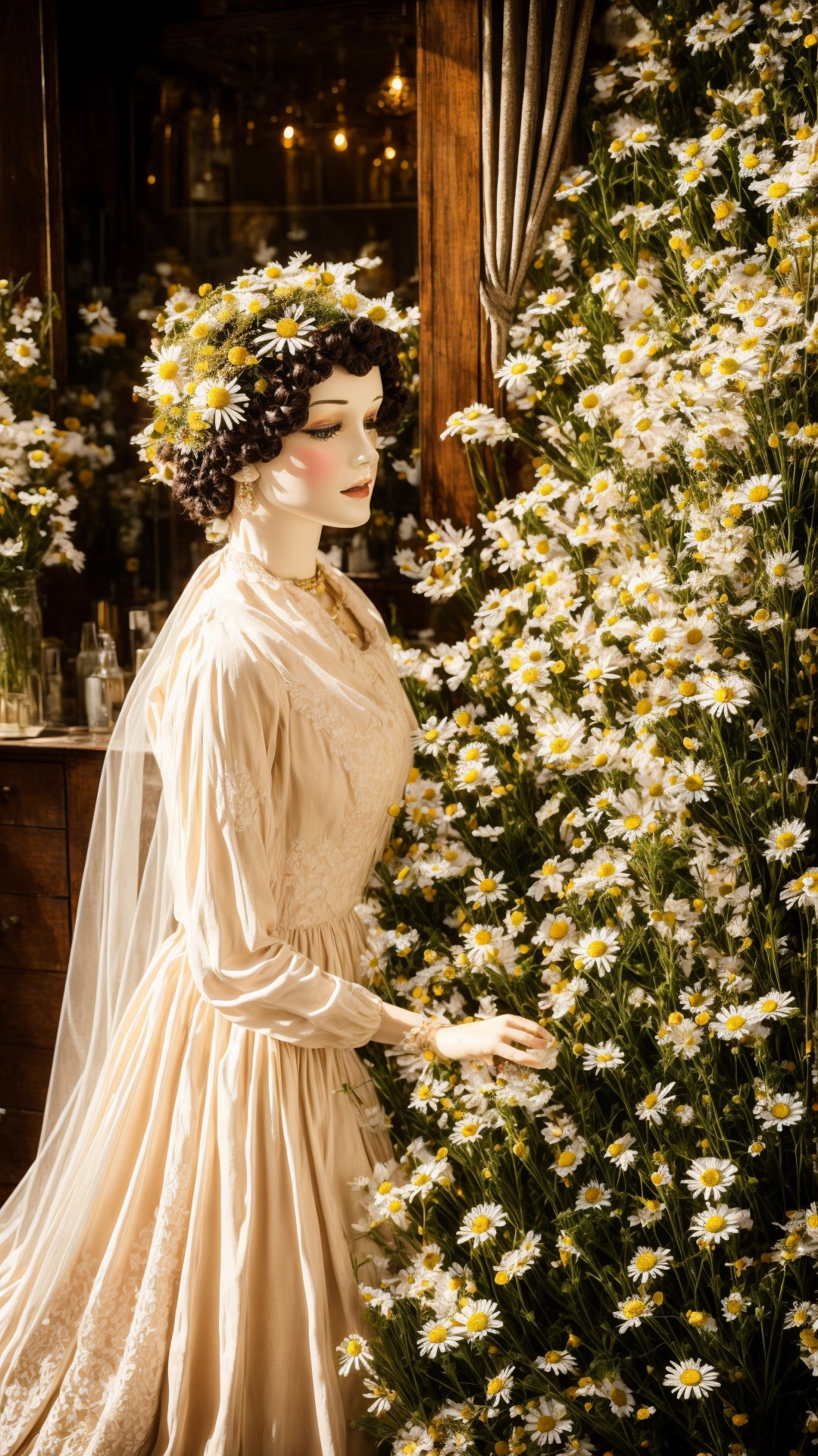A vintage boutique hums with the gentle whirring of clockwork flowers. Mannequins in antique suits adorned with daisies st...