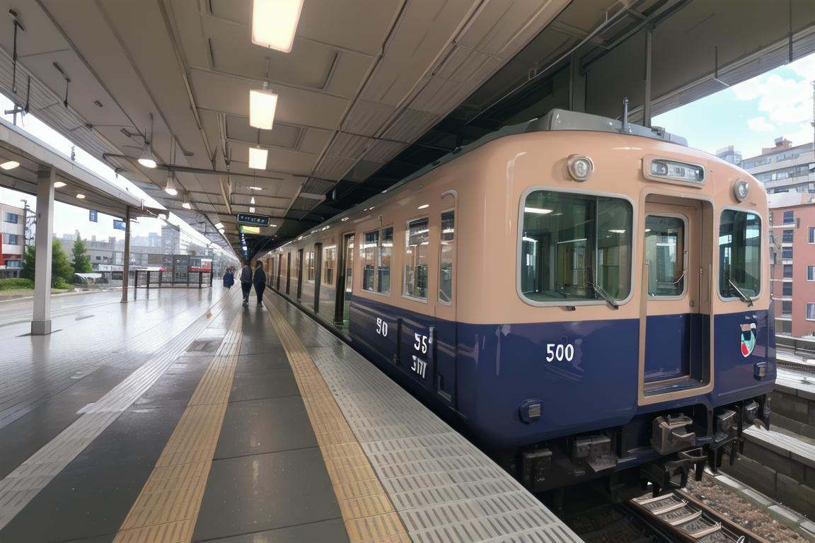 best quality, ultra-detailed, illustration,Hanshin5000, railroad tracks, train, train station, outdoors, scenery, power lines, real world location, day, building <lora:Hanshin5000_SD15_V1_DIM4:1>