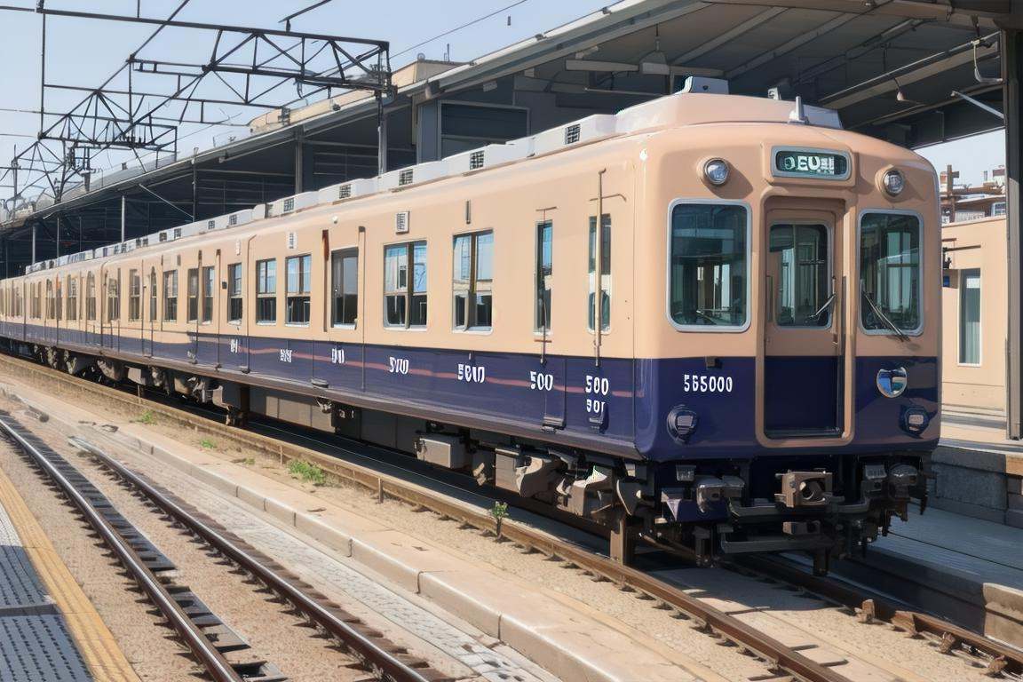 best quality, ultra-detailed, illustration,Hanshin5000, railroad tracks, train, train station, outdoors, scenery, power lines, real world location, day, building <lora:Hanshin5000_SD15_V1_DIM4:1>