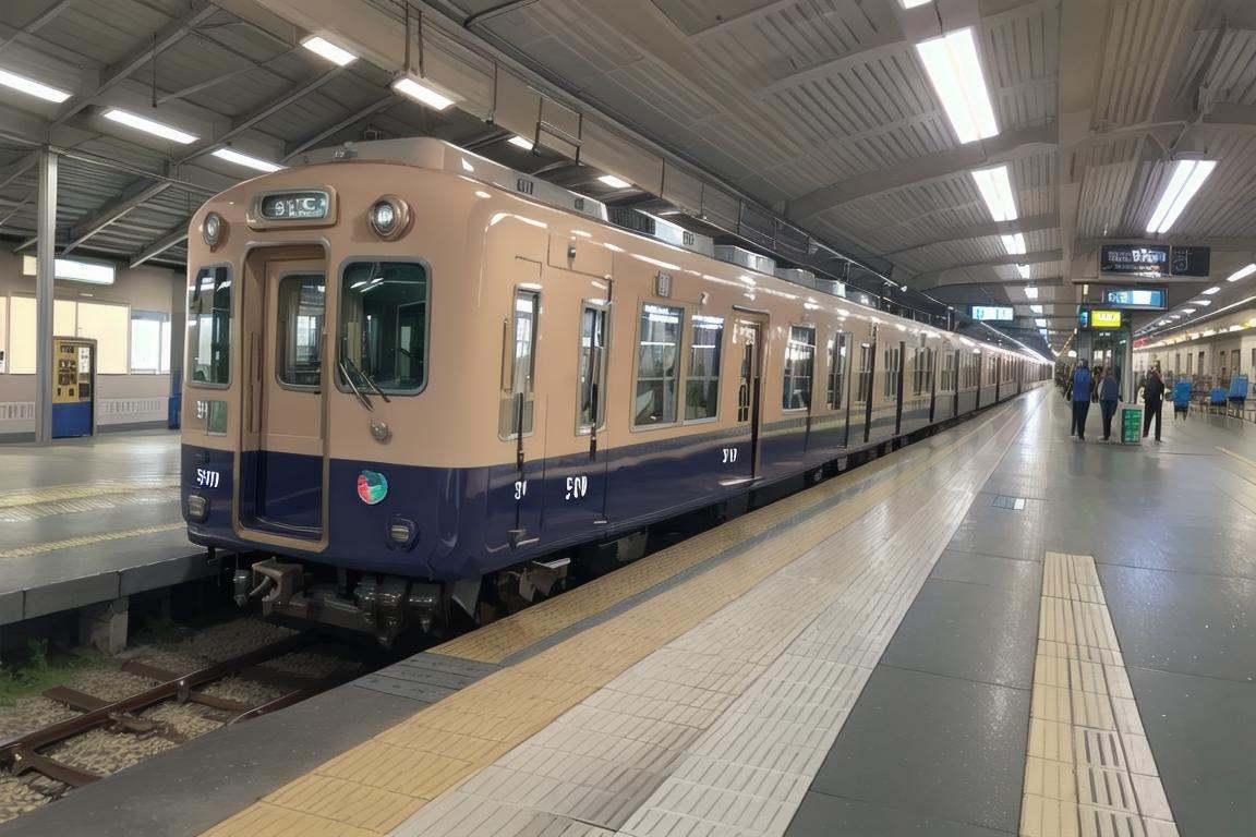 best quality, ultra-detailed, illustration,Hanshin5000, railroad tracks, train, train station, outdoors, scenery, power lines, real world location, day, building <lora:Hanshin5000_SD15_V1_DIM4:1>