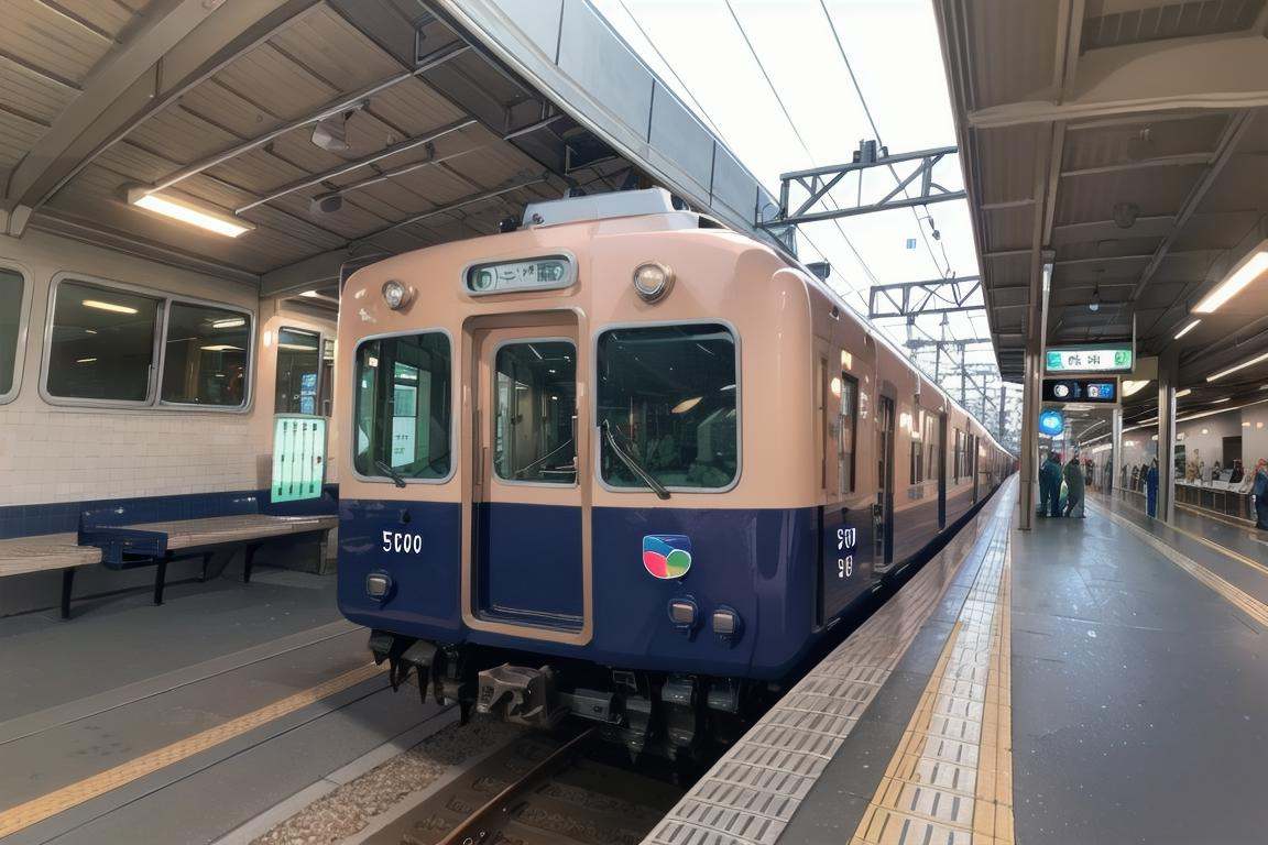 best quality, ultra-detailed, illustration,Hanshin5000, scenery, railroad tracks, train station, outdoors, train, real world location, power lines, day <lora:Hanshin5000_SD15_V1_DIM4:1>