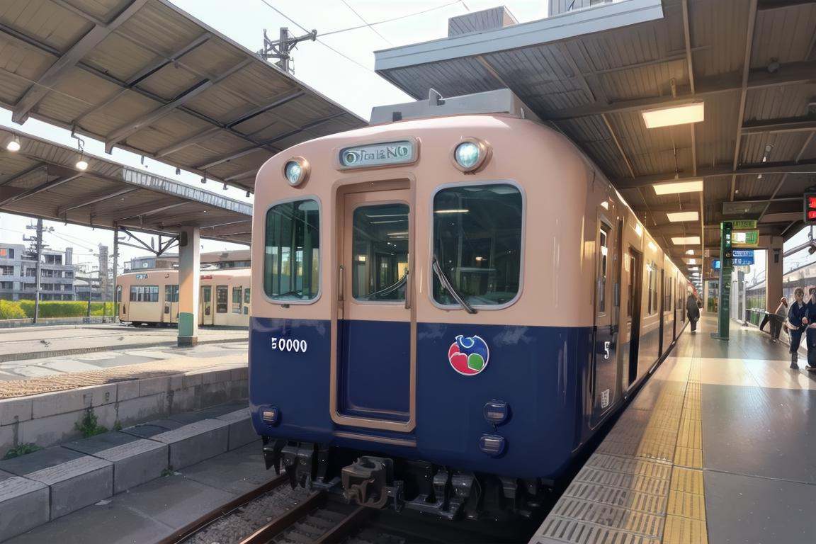 best quality, ultra-detailed, illustration,Hanshin5000, railroad tracks, train, train station, outdoors, scenery, power lines, real world location, day, building <lora:Hanshin5000_SD15_V1_DIM4:1>