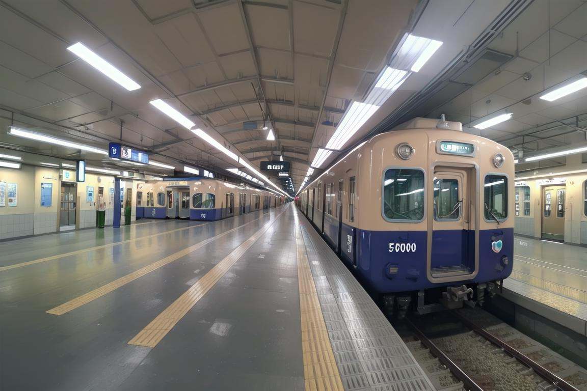 best quality, ultra-detailed, illustration,Hanshin5000, train station, train, railroad tracks, scenery <lora:Hanshin5000_SD15_V1_DIM4:1>