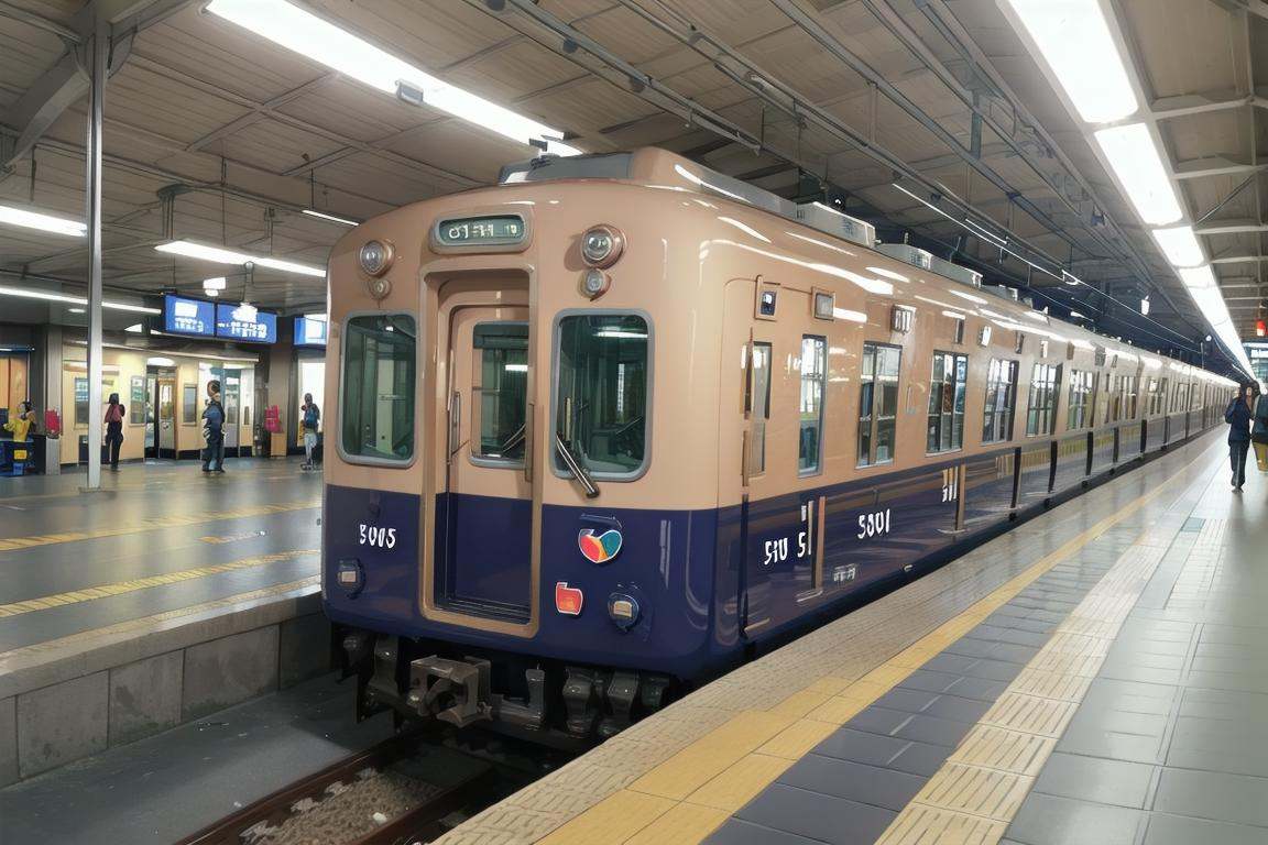 best quality, ultra-detailed, illustration,Hanshin5000, train station, train, railroad tracks, scenery <lora:Hanshin5000_SD15_V1_DIM4:1>