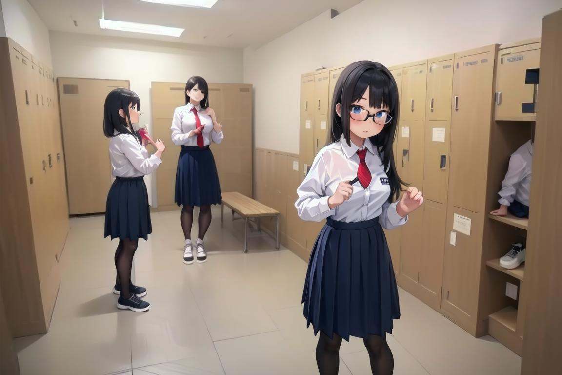 best quality, ultra-detailed, illustration,kouishitsu, locker room, locker, clock, scenery, door, bench, tiles, trash can, tile floor, indoors, locker, bench,multiple girls, glasses, black hair, long hair, standing, red necktie, pantyhose, white shirt, shoes, school uniform, blue skirt, collared shirt, **********, half undress, bra,  <lora:kouishitsu_SD15_V1:1>
