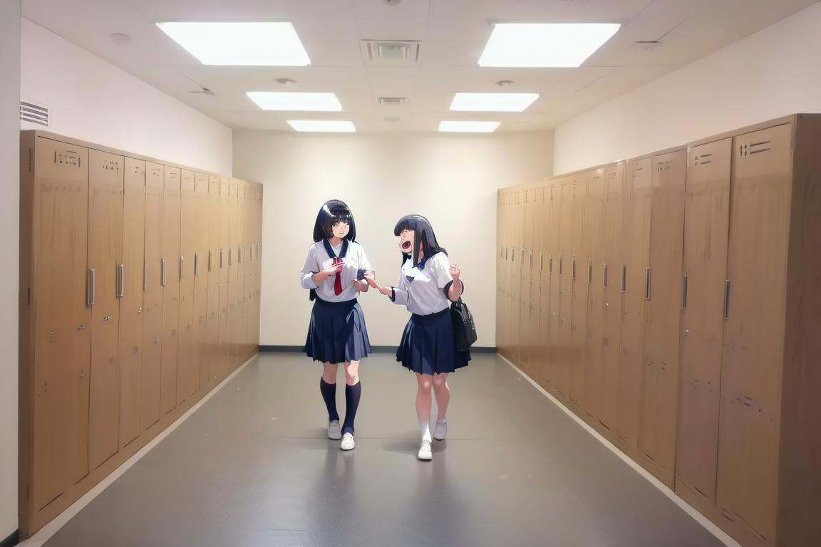 best quality, ultra-detailed, illustration,kouishitsu, locker room, multiple girls, school uniform, black hair, bag, skirt, short hair, shirt, indoors, laughing,  <lora:kouishitsu_SD15_V1:1>