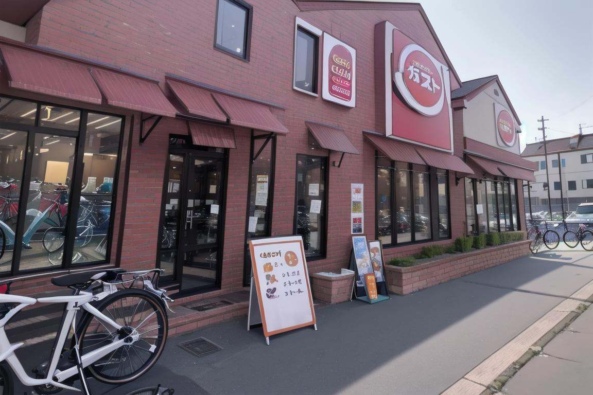 best quality, ultra-detailed, illustration,gustoM, window, building, sign, bicycle, bicycle basket, scenery, storefront, outdoors <lora:gusto_SD15_V3_DIM4:1>