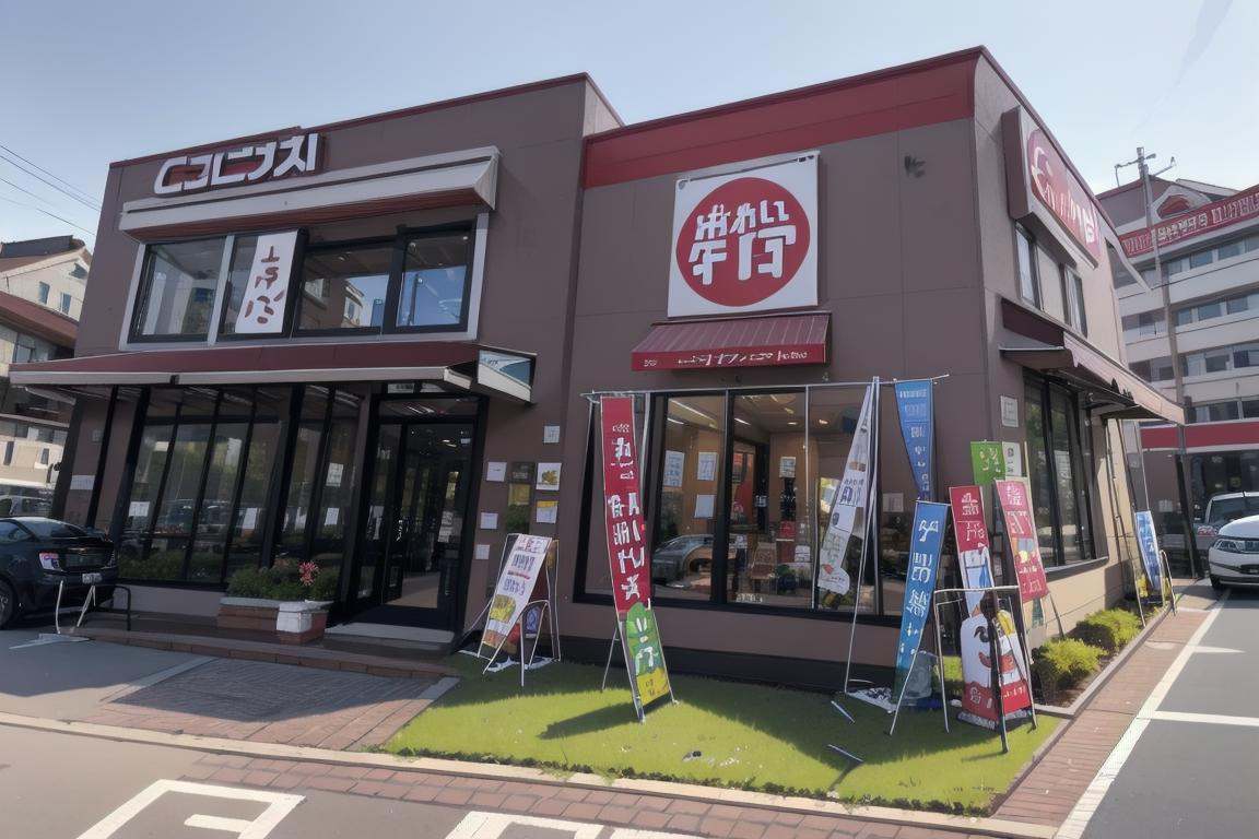 best quality, ultra-detailed, illustration,gustoM, sky, day, blue sky, window, plant, building, road, street, shop, real world location, scenery, storefront, outdoors <lora:gusto_SD15_V3_DIM4:1>