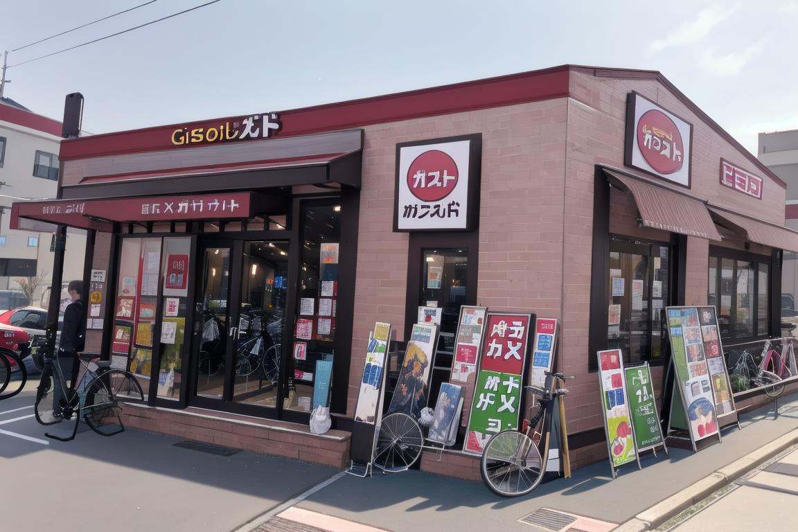 best quality, ultra-detailed, illustration,gustoM, sky, day, traditional media, building, sign, road, street, bicycle, shop, real world location, scenery, storefront, outdoors <lora:gusto_SD15_V3_DIM4:1>