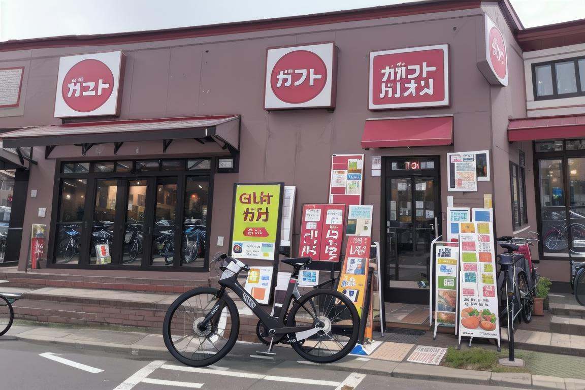 best quality, ultra-detailed, illustration,gustoM, window, building, sign, bicycle, bicycle basket, scenery, storefront, outdoors <lora:gusto_SD15_V3_DIM4:1>