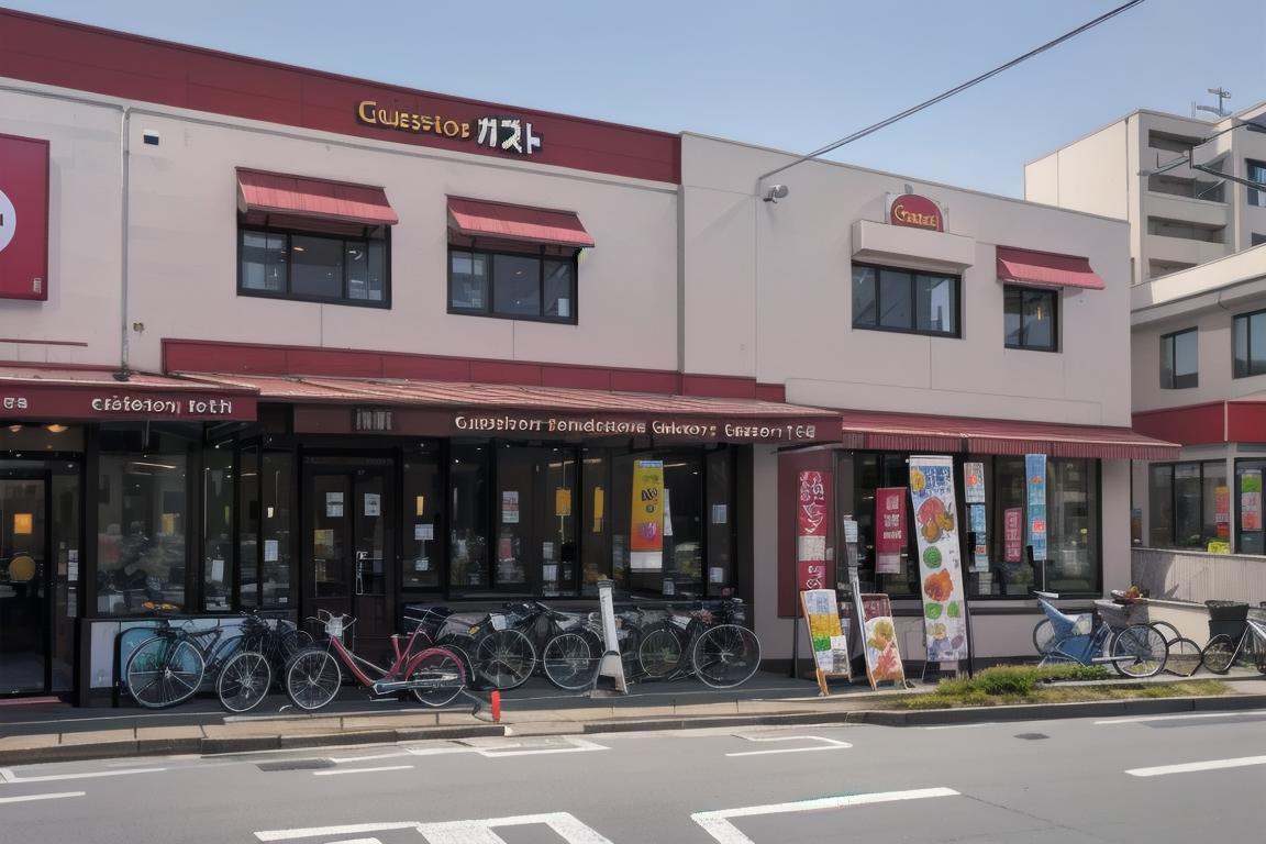 best quality, ultra-detailed, illustration,gustoM, sky, day, traditional media, building, sign, road, street, bicycle, shop, real world location, scenery, storefront, outdoors <lora:gusto_SD15_V3_DIM4:1>