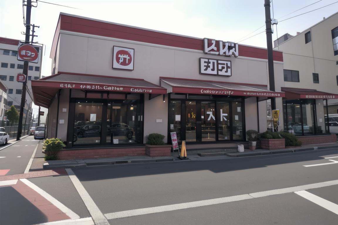 best quality, ultra-detailed, illustration,gustoM, storefront, road, car, building, street, power lines, tree, sky, utility pole, day, real world location, sign, scenery, storefront, outdoors <lora:gusto_SD15_V3_DIM4:1>