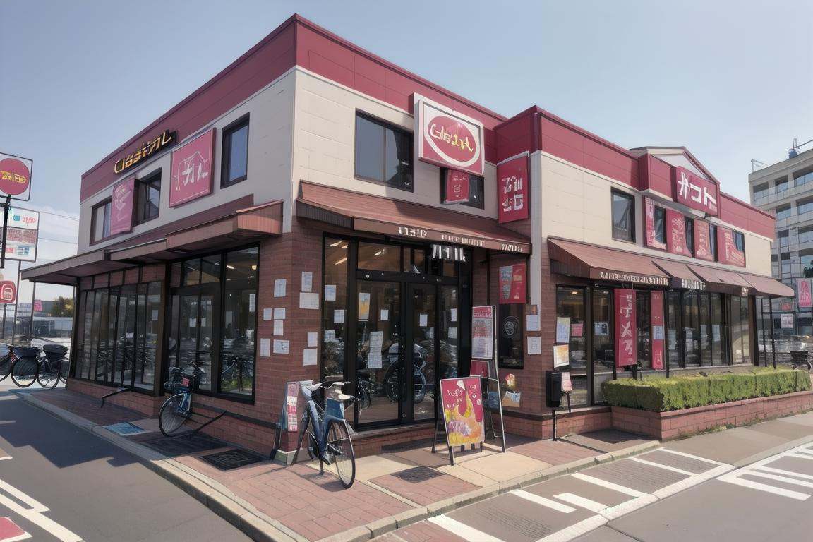 best quality, ultra-detailed, illustration,gustoM, sky, day, traditional media, building, sign, road, street, bicycle, shop, real world location, scenery, storefront, outdoors <lora:gusto_SD15_V3_DIM4:1>