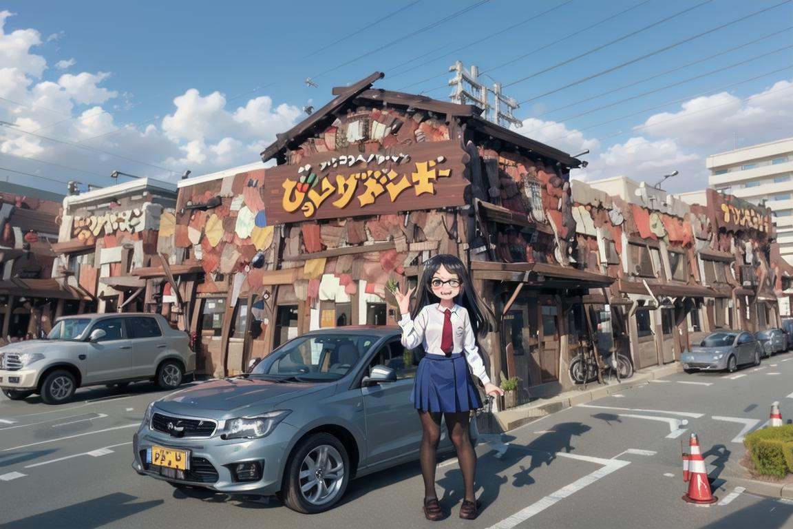 best quality, ultra-detailed, illustration,1girl, glasses, black hair, long hair, standing, red necktie, pantyhose, white shirt, shoes, school uniform, blue skirt, collared shirt, smile, laughing, looking at viewer, solo focus,bikdonama, storefront, car, traffic cone, road, outdoors, sky, street, day, cloud, power lines, building, sign, real world location, utility pole, blue sky, road sign <lora:bikkuridonkeyamagasaki_SD15_V1:1>