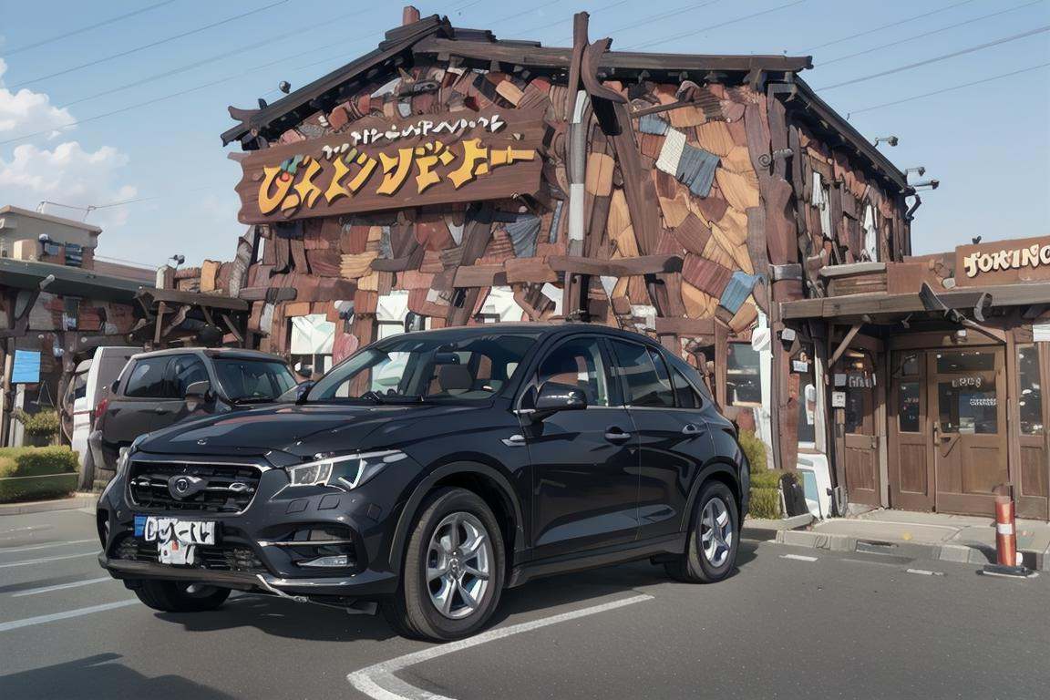 best quality, ultra-detailed, illustration,bikdonama, storefront, car, sign, road, outdoors, fence, scenery, power lines, real world location, street, building, vehicle focus, road sign, utility pole, sky <lora:bikkuridonkeyamagasaki_SD15_V1:1>