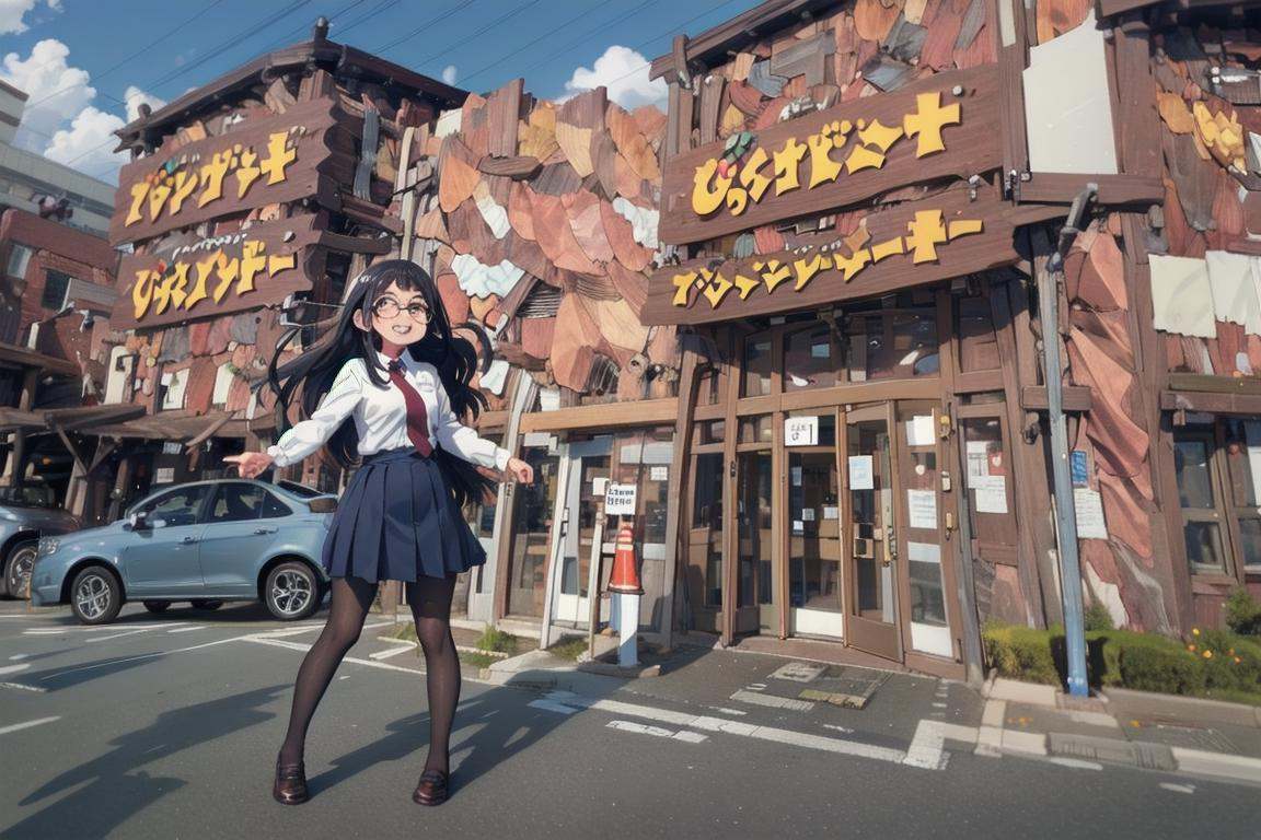 best quality, ultra-detailed, illustration,1girl, glasses, black hair, long hair, standing, red necktie, pantyhose, white shirt, shoes, school uniform, blue skirt, collared shirt, smile, laughing, looking at viewer, solo focus,bikdonama, storefront, car, traffic cone, road, outdoors, sky, street, day, cloud, power lines, building, sign, real world location, utility pole, blue sky, road sign <lora:bikkuridonkeyamagasaki_SD15_V1:1>