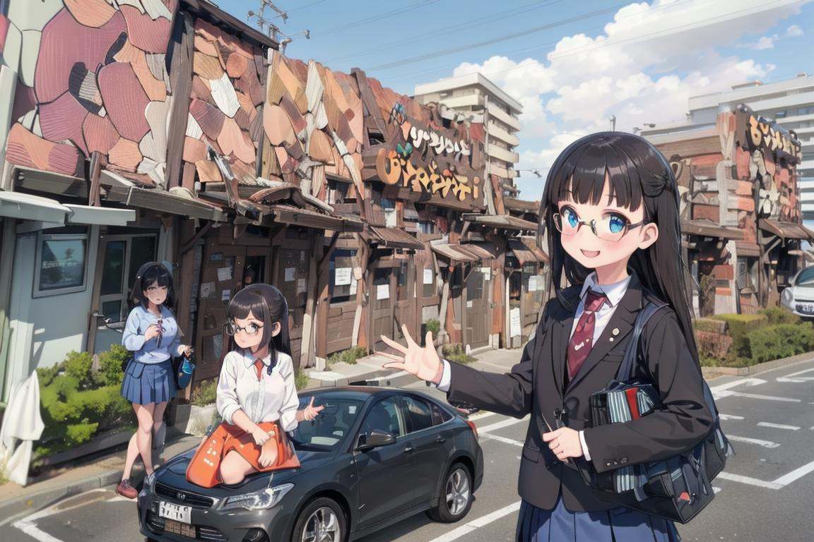 best quality, ultra-detailed, illustration,1girl, glasses, black hair, long hair, standing, red necktie, pantyhose, white shirt, shoes, school uniform, blue skirt, collared shirt, smile, laughing, looking at viewer, solo focus,bikdonama, storefront, car, traffic cone, road, outdoors, sky, street, day, cloud, power lines, building, sign, real world location, utility pole, blue sky, road sign <lora:bikkuridonkeyamagasaki_SD15_V1:1>