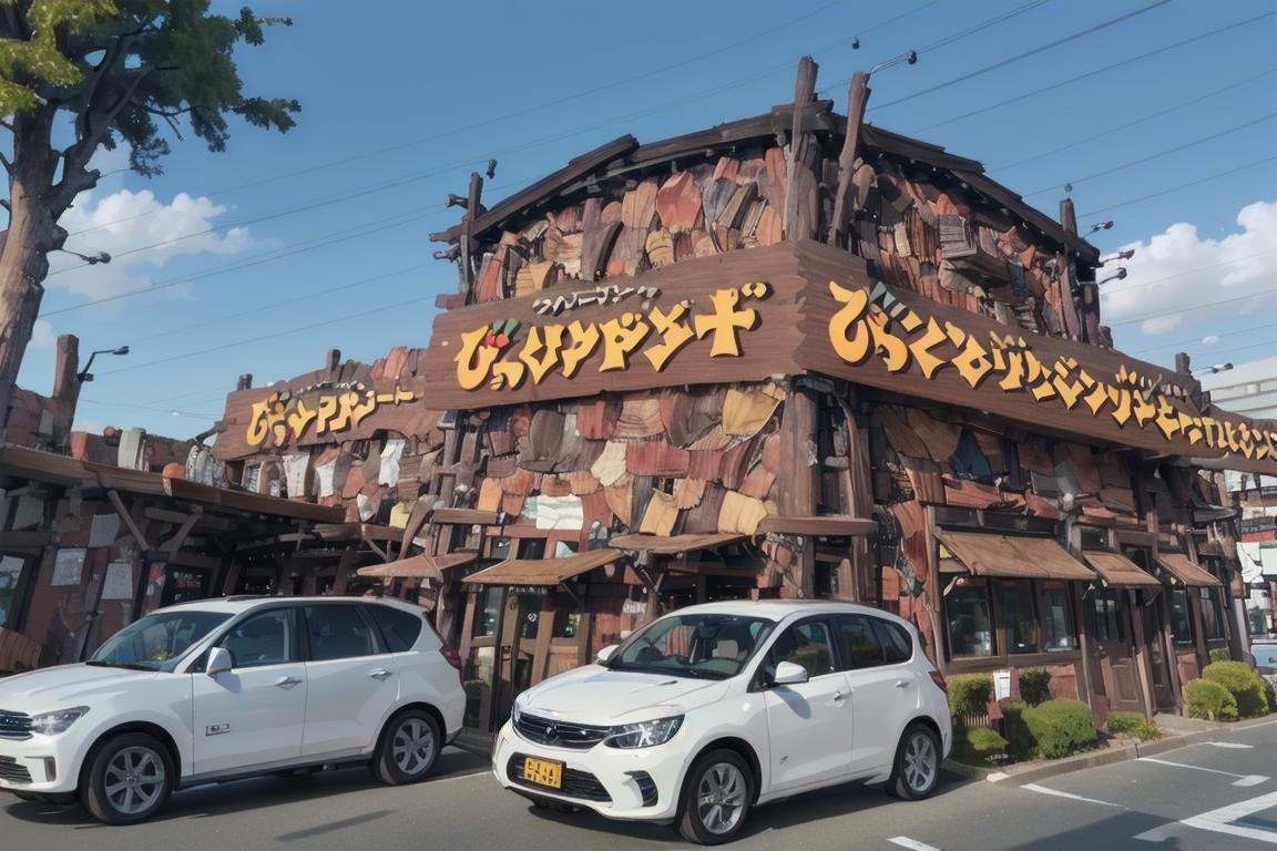 best quality, ultra-detailed, illustration,bikdonama, storefront, outdoors, scenery, sky, blue sky, day, tree, building, sign, road, real world location <lora:bikkuridonkeyamagasaki_SD15_V1:1>