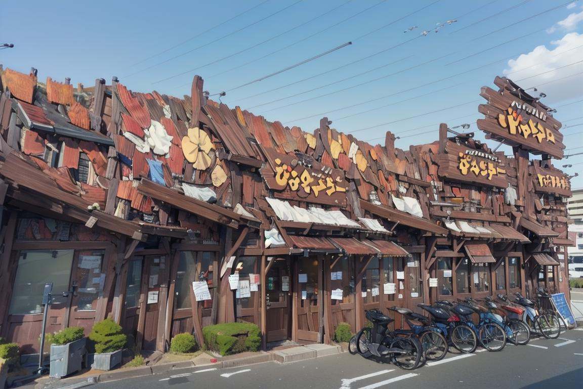 best quality, ultra-detailed, illustration,bikdonama, storefront, outdoors, scenery, sky, blue sky, day, tree, building, sign, road, real world location <lora:bikkuridonkeyamagasaki_SD15_V1:1>