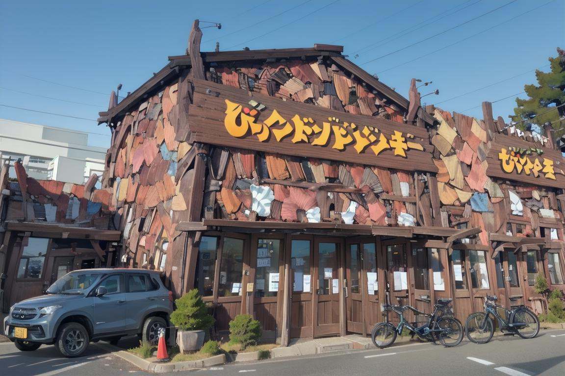 best quality, ultra-detailed, illustration,bikdonama, storefront, outdoors, scenery, sky, blue sky, day, tree, building, sign, road, real world location <lora:bikkuridonkeyamagasaki_SD15_V1:1>